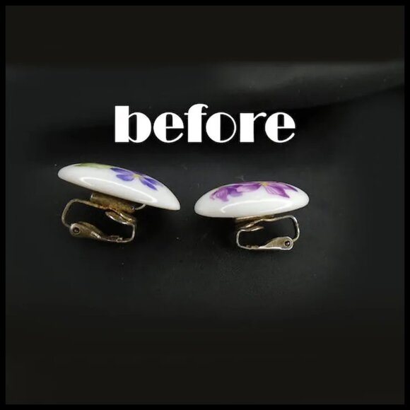 Vintage Floral Post Back Earrings, Flower Decal On Porcelain - Picture 4 of 15